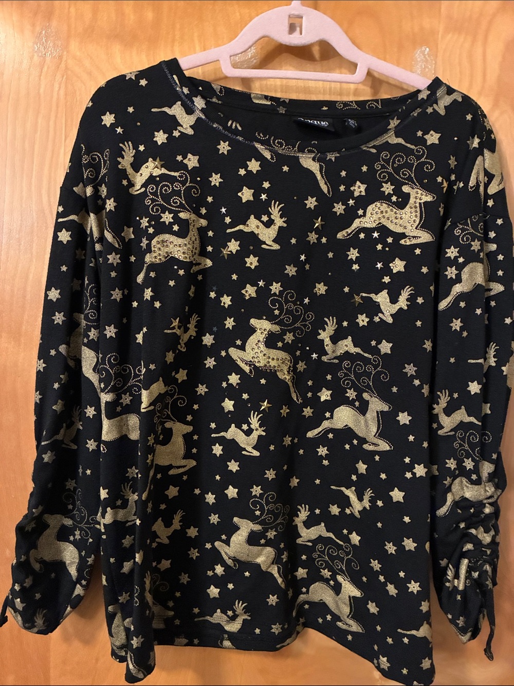 Onque Black Holiday Reindeer Top with Gold Star Print Sz xl